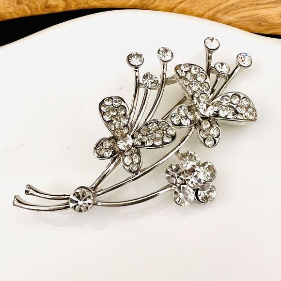 Vintage Flower Branch Floral Brooch Pin with Clear Rhinestones Silver Tone 4094 - Picture 5 of 8
